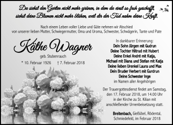 Traueranzeige von Käthe Wagner von Südthüringer Presse