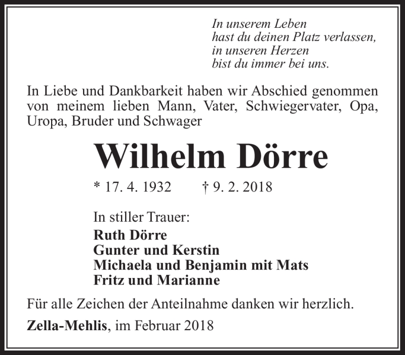  Traueranzeige für Wilhelm Dörre vom 17.02.2018 aus Südthüringer Presse