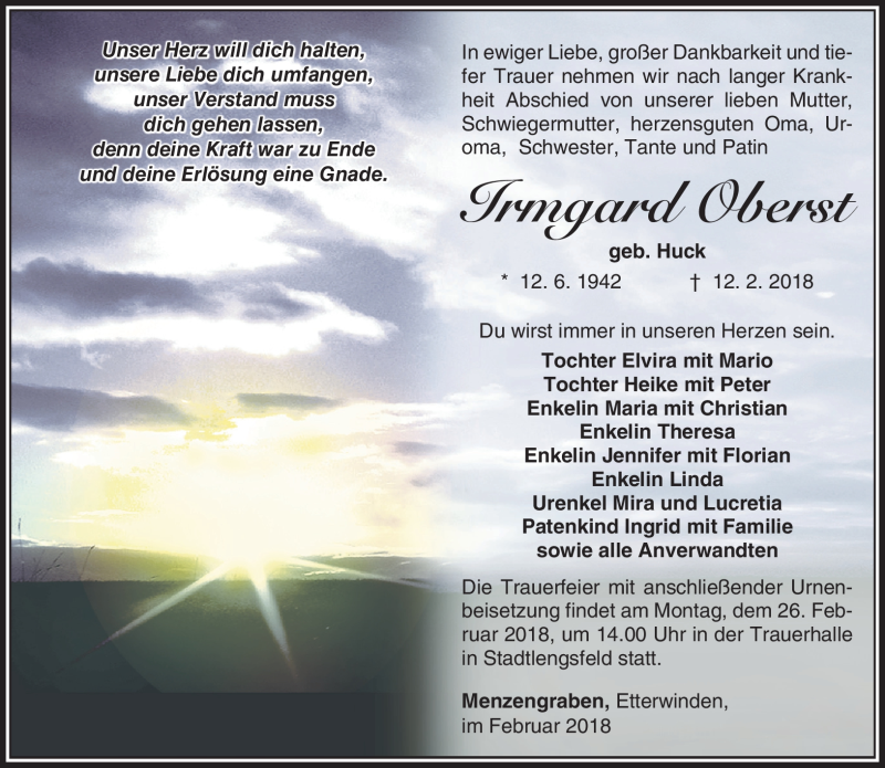  Traueranzeige für Irmgard Oberst vom 22.02.2018 aus Südthüringer Presse