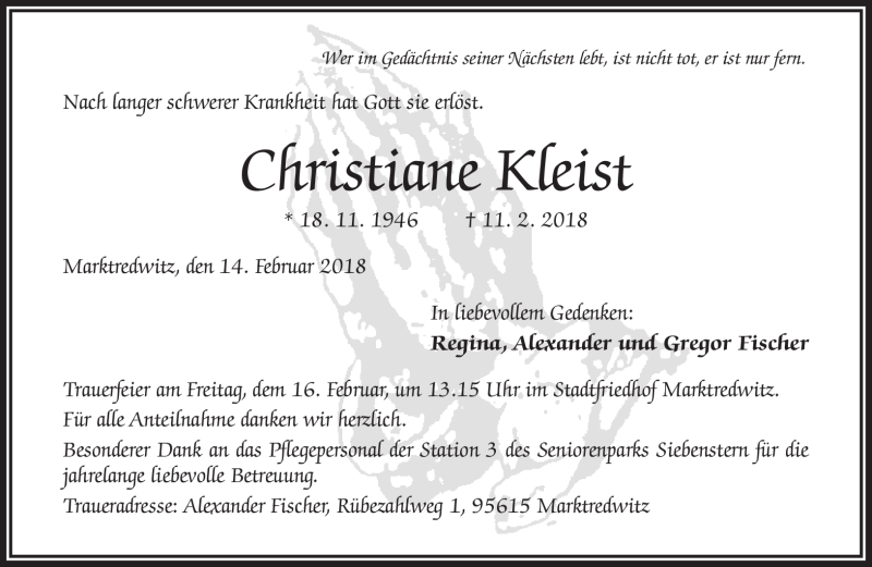 Traueranzeige für Christiane Kleist vom 14.02.2018 aus Frankenpost