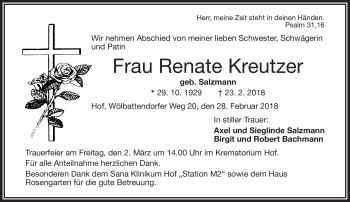 Traueranzeige von Renate Kreutzer von Frankenpost