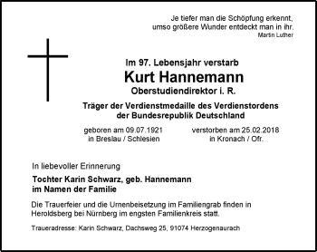 Traueranzeige von Kurt Hannemann von Neue Presse Coburg