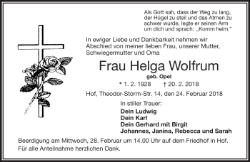 Traueranzeige von Helga Wolfrum von Frankenpost