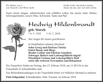 Traueranzeige von Hedwig Hildenbrandt von Südthüringer Presse