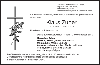 Traueranzeige von Klaus Zuber von Frankenpost