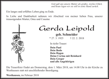 Traueranzeige von Gerda Leipold von Südthüringer Presse