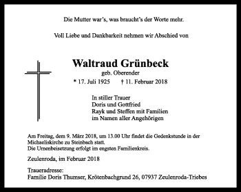 Traueranzeige von Waltraud Grünbeck von Südthüringer Presse