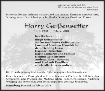 Traueranzeige von Harry Geißensetter von Südthüringer Presse
