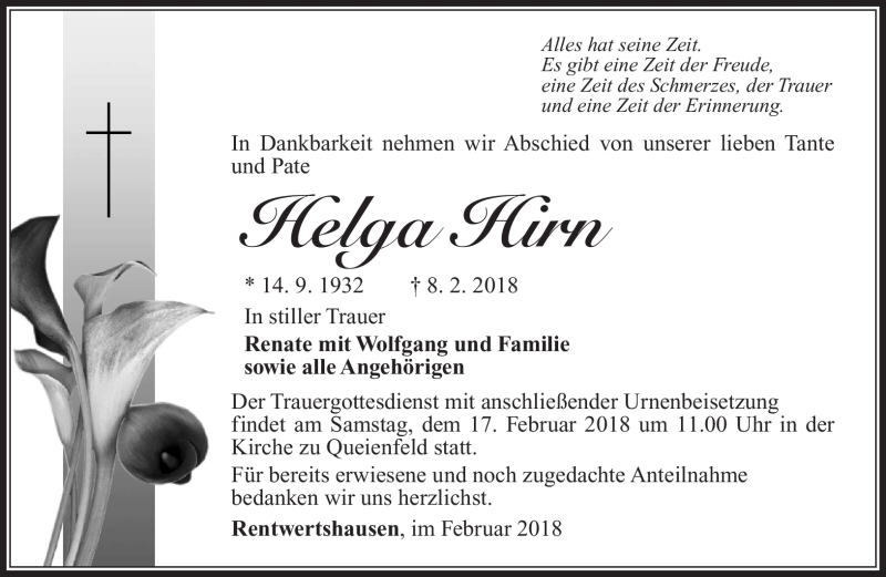  Traueranzeige für Helga Hirn vom 15.02.2018 aus Südthüringer Presse