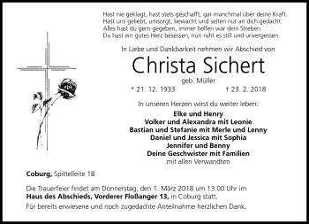 Traueranzeige von Christa Sichert von Neue Presse Coburg