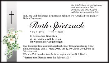 Traueranzeige von Ruth Spietzack von Südthüringer Presse