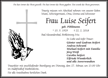 Traueranzeige von Luise Seifert von Frankenpost