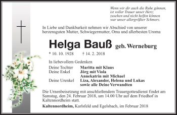 Traueranzeige von Helga Bauß von Südthüringer Presse
