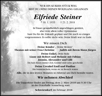 Traueranzeige von Elfriede Steiner von Südthüringer Presse
