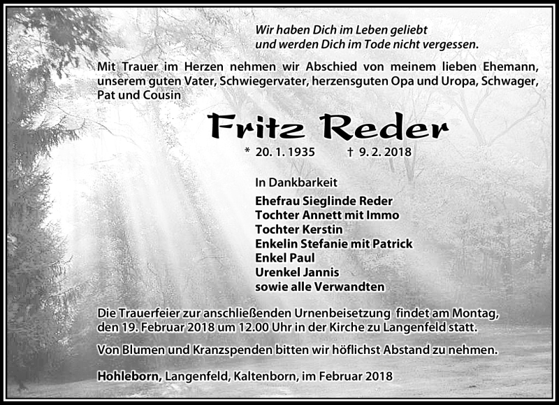  Traueranzeige für Fritz Reder vom 16.02.2018 aus Südthüringer Presse