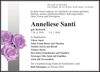 Traueranzeige von Anneliese Santi von Südthüringer Presse
