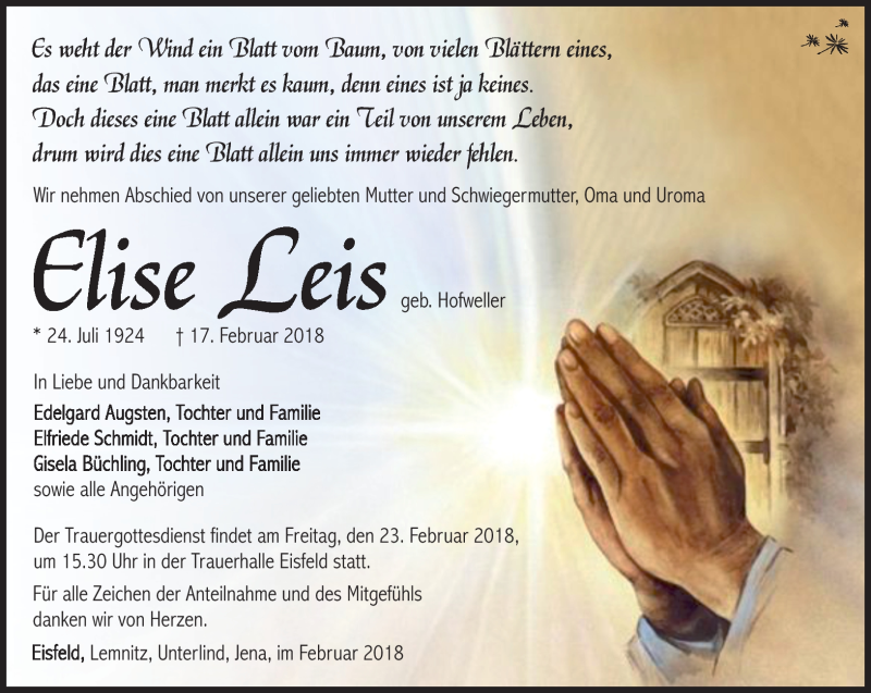  Traueranzeige für Elise Leis vom 21.02.2018 aus Südthüringer Presse