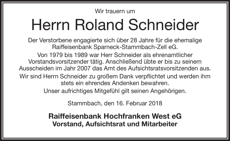  Traueranzeige für Roland Schneider vom 16.02.2018 aus Frankenpost
