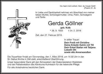Traueranzeige von Gerda Göllner von Frankenpost