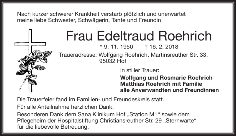  Traueranzeige für Edeltraud Röhrich vom 27.02.2018 aus Frankenpost