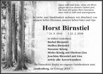 Traueranzeige von Horst Birnstiel von Südthüringer Presse
