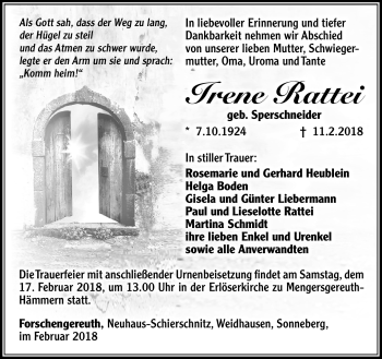 Traueranzeige von Irene Rattei von Südthüringer Presse