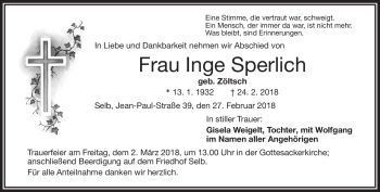 Traueranzeige von Inge Sperlich von Frankenpost