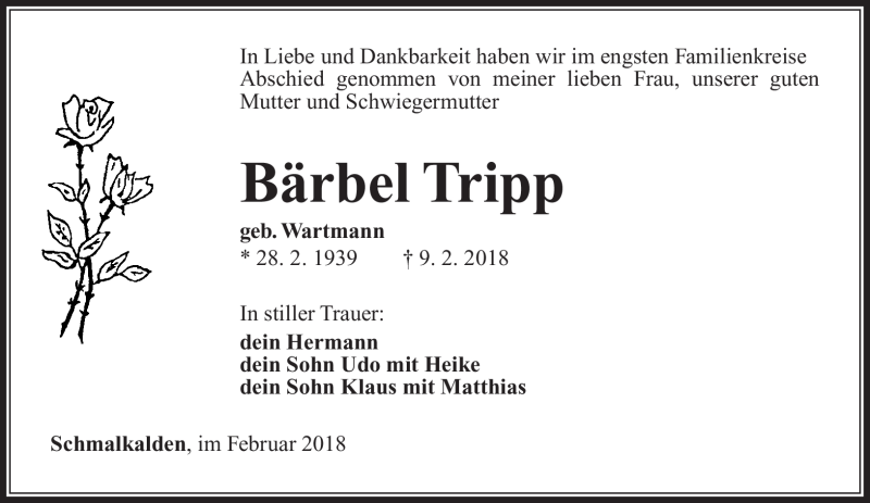  Traueranzeige für Bärbel Tripp vom 17.02.2018 aus Südthüringer Presse