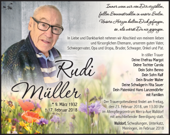 Traueranzeige von Rudi Müller von Südthüringer Presse