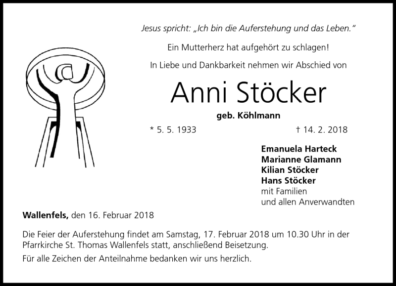  Traueranzeige für Anni Stöcker vom 16.02.2018 aus Neue Presse Coburg