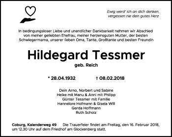 Traueranzeige von Hildegard Tessmer von Neue Presse Coburg