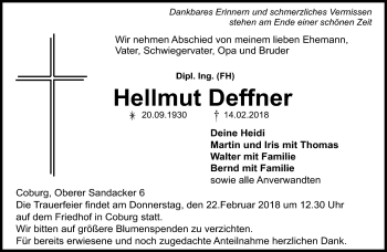 Traueranzeige von Hellmut Deffner von Neue Presse Coburg