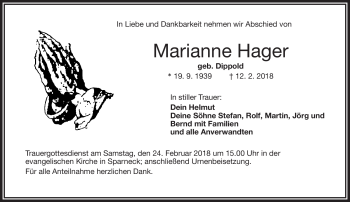 Traueranzeige von Marianne Hager von Frankenpost