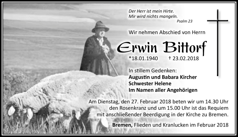  Traueranzeige für Erwin Bittorf vom 26.02.2018 aus Südthüringer Presse