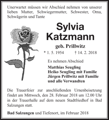 Traueranzeige von Sylvia Katzmann von Südthüringer Presse