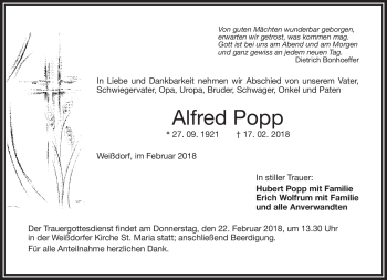 Traueranzeige von Alfred Popp von Frankenpost