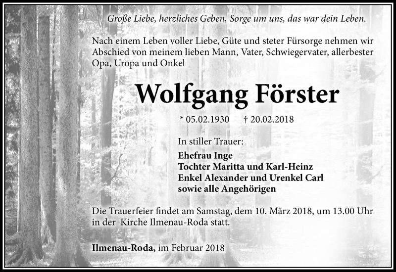  Traueranzeige für Wolfgang Förster vom 24.02.2018 aus Südthüringer Presse