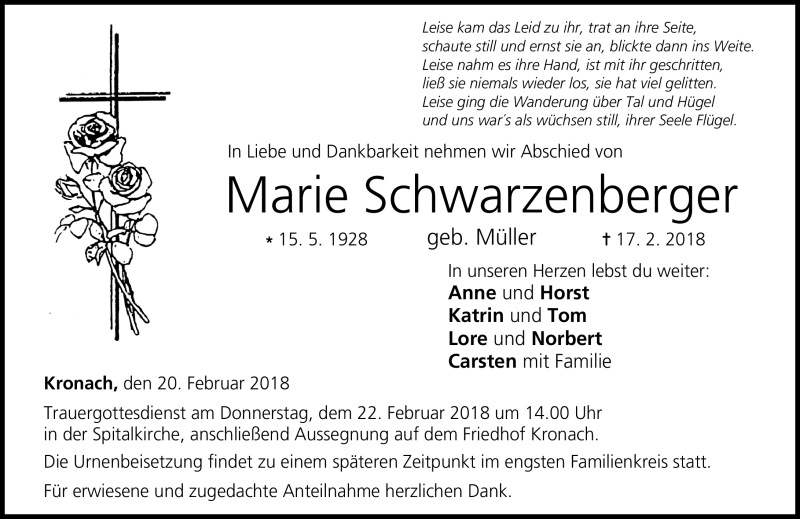  Traueranzeige für Marie Schwarzenberger vom 20.02.2018 aus Neue Presse Coburg