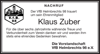 Traueranzeige von Klaus Zuber von Frankenpost