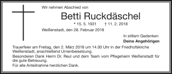 Traueranzeige von Betti Ruckdäschel von Frankenpost