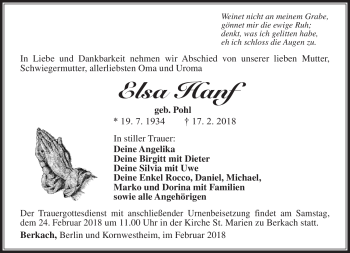 Traueranzeige von Elsa Hanf von Südthüringer Presse