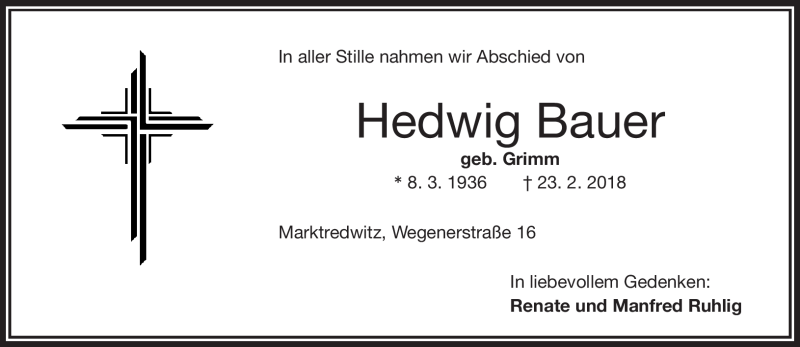  Traueranzeige für Hedwig Bauer vom 28.02.2018 aus Frankenpost