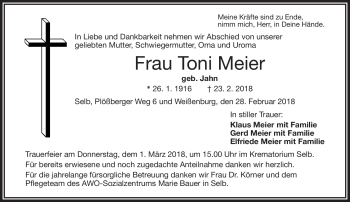 Traueranzeige von Toni Meier von Frankenpost