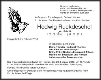 Traueranzeige von Hedwig Ruckdeschel von Frankenpost