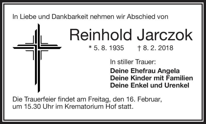  Traueranzeige für Reinhold Jarczok vom 14.02.2018 aus Frankenpost