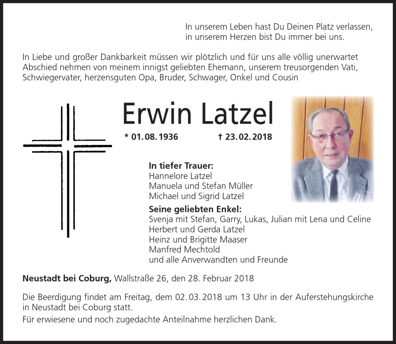  Traueranzeige für Erwin Latzel vom 28.02.2018 aus Neue Presse Coburg