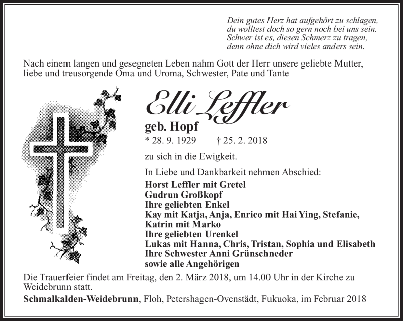  Traueranzeige für Elli Leffler vom 28.02.2018 aus Südthüringer Presse