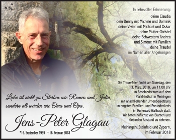Traueranzeige von Jens-Peter Glagau von Südthüringer Presse