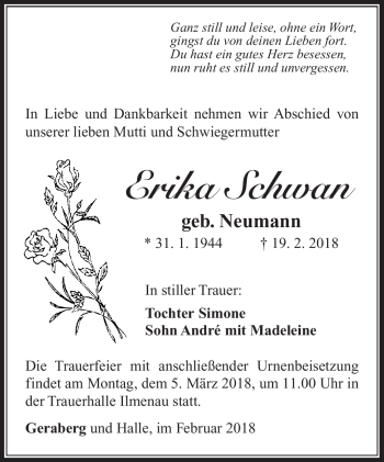 Traueranzeige von Erika Schwan von Südthüringer Presse
