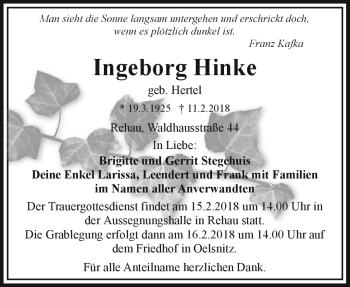 Traueranzeige von Ingeborg Hinke von Frankenpost